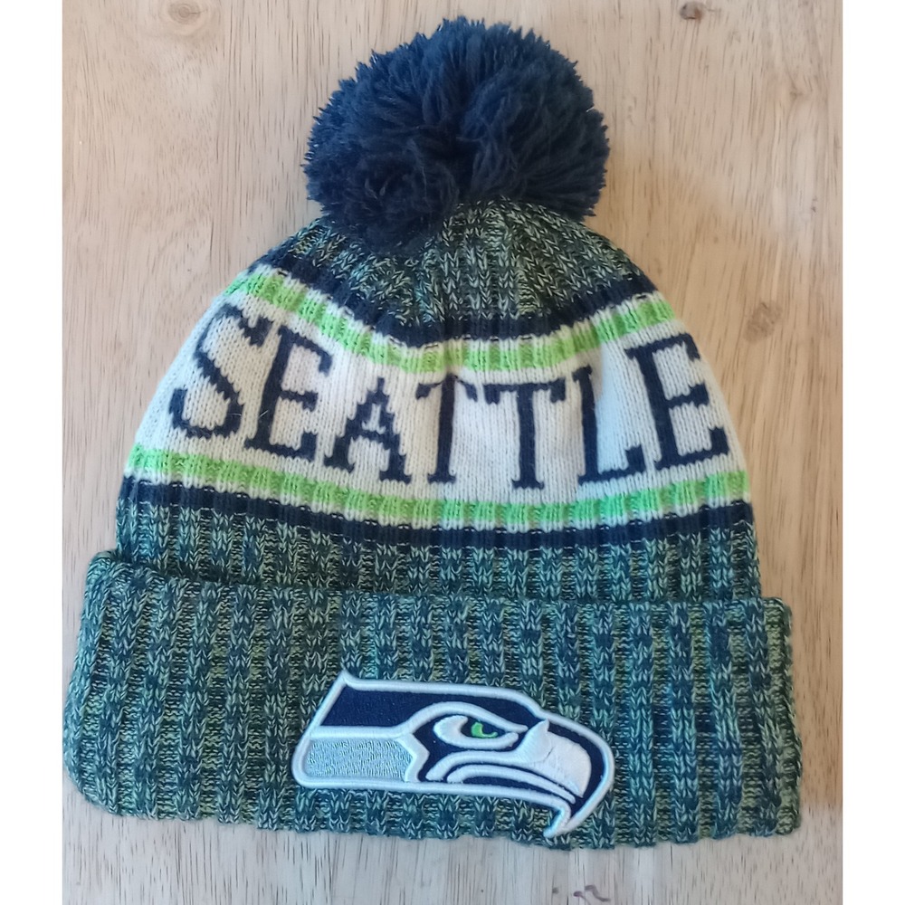 New Era Seattle Seahawks NFL Youth Cuffed Knit Beanie Pom Hat Blue Green Fleece